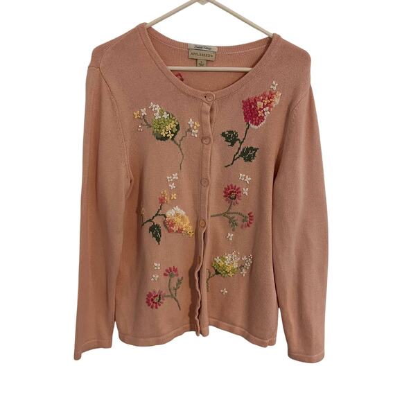 Appleseed's Sweaters - Appleseeds Cardigan Womens Large Pink Floral Embroidered Sweater Cottage Grandma